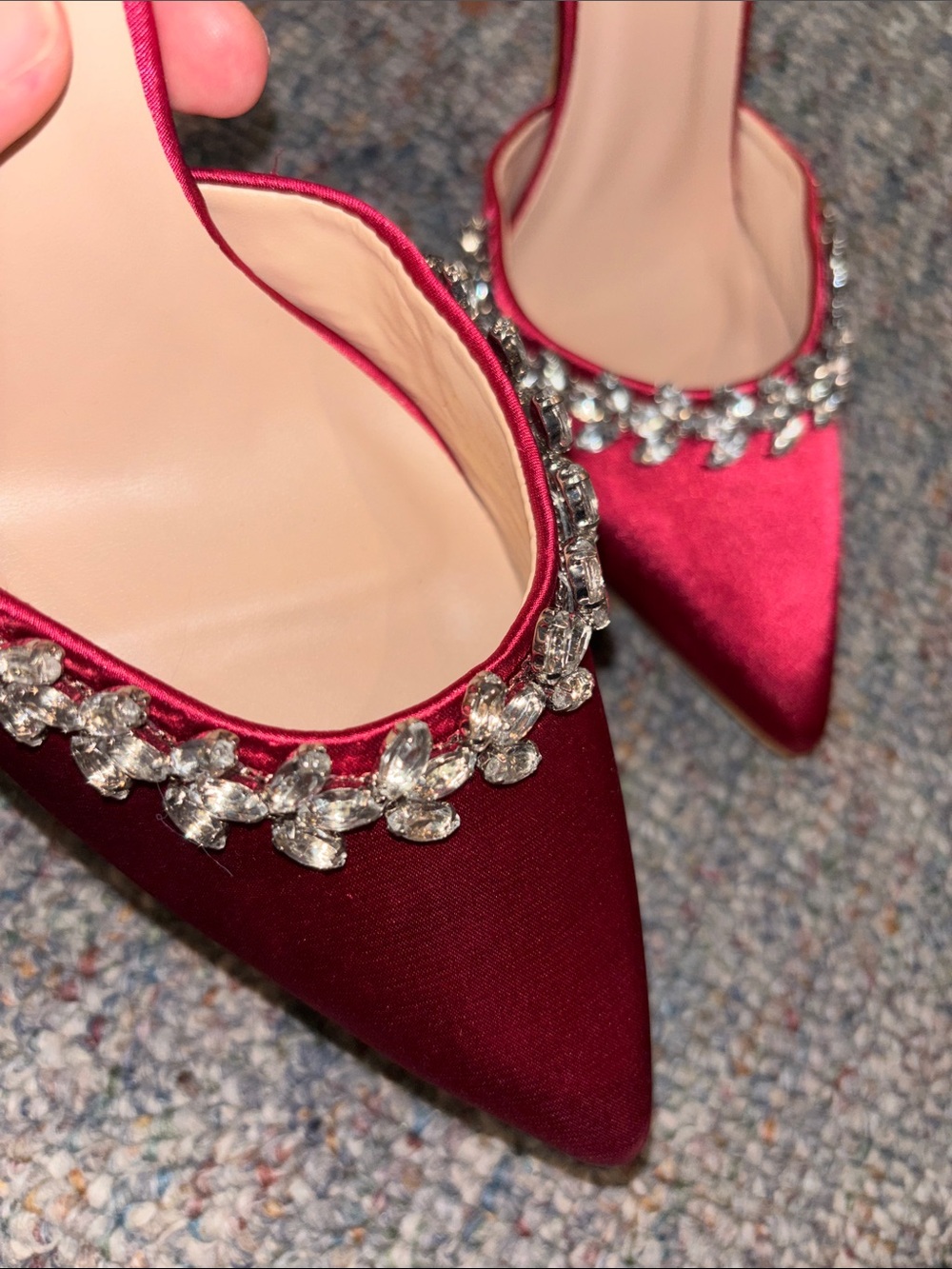 Lulu's Burgundy Satin Pointed-Toe Ankle-Strap Heels with Crystal Chain - Picture 4 of 4